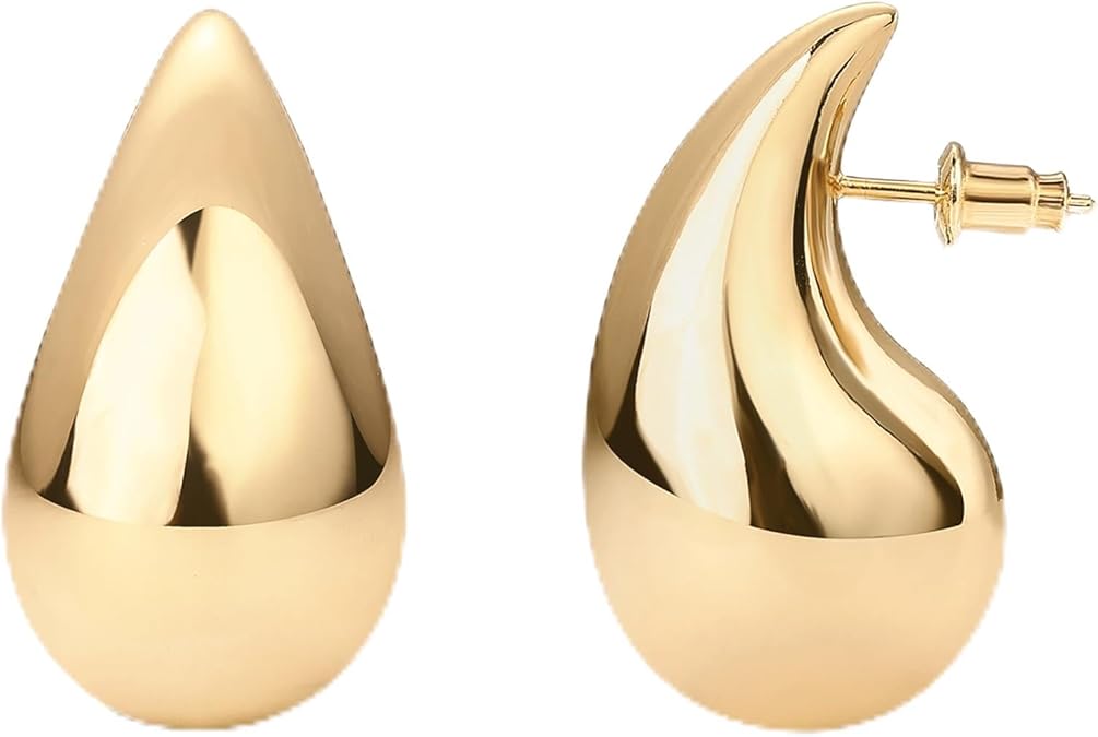 14K Gold Plated 925 Sterling Silver Post Teardrop Chunky Hoop Earrings - Lightweight Drop Earrings for Women